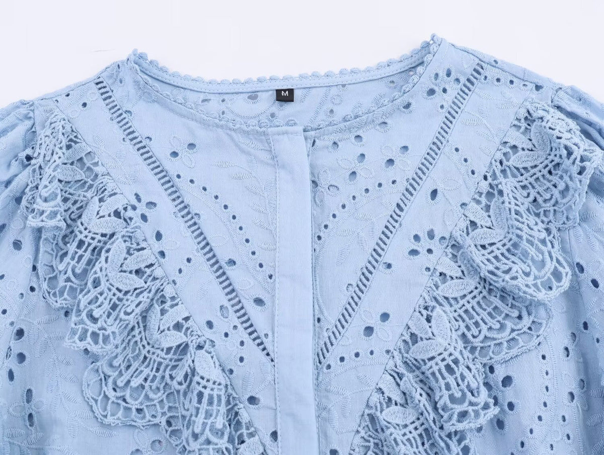 Hollow-Out Embroidered Long Sleeve Blouse