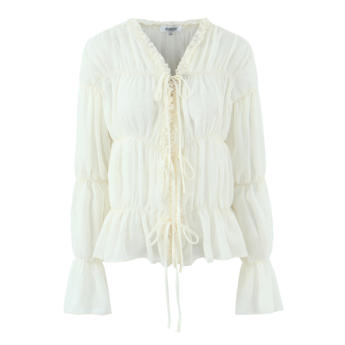 Ruffle Lace-Up V-Neck Loose Chiffon Blouse
