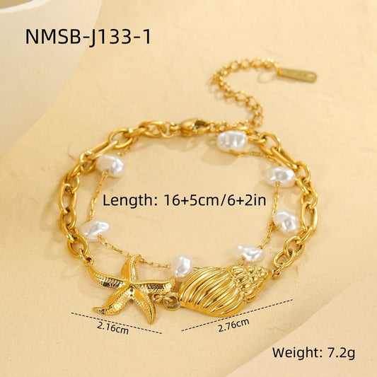 Ocean Starfish Shell Necklace & Pearl Bracelet Set