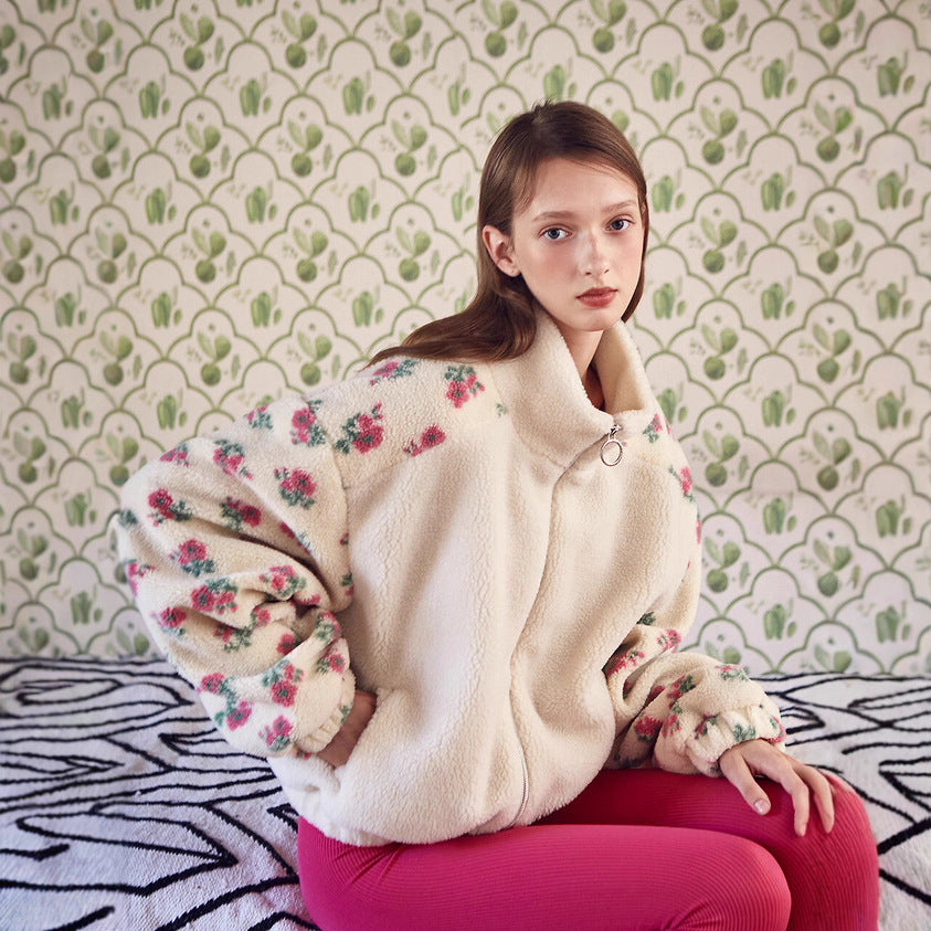 Floral Stitching Polar Fleece Lamb Wool Zip Coat