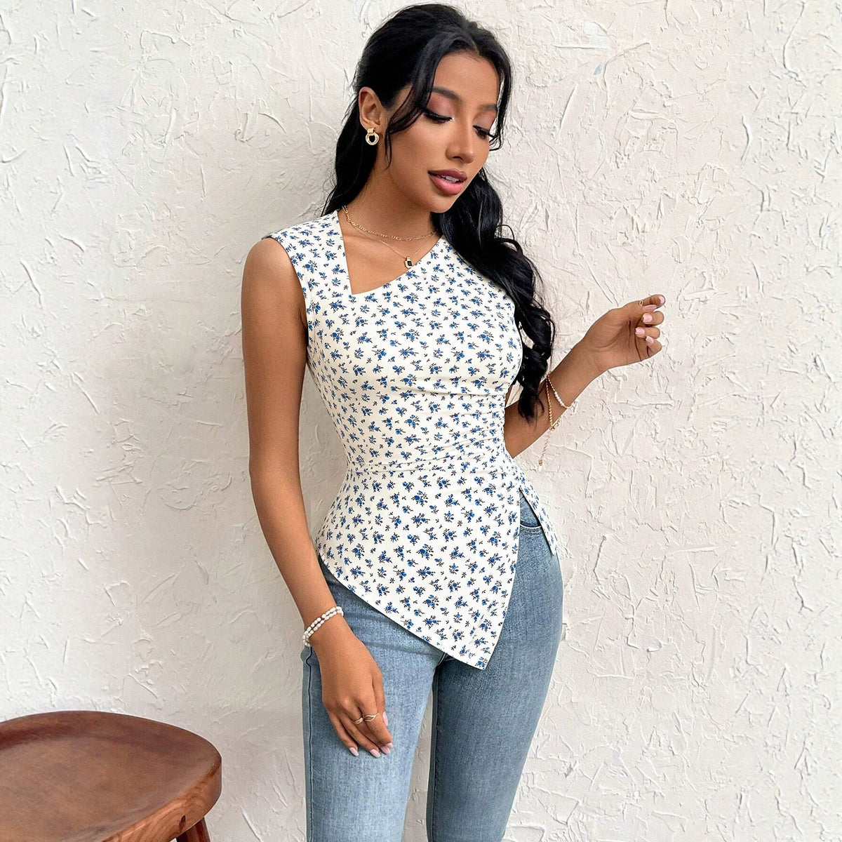 Floral Asymmetric Oblique Square Neck Cinched Slit Slim Vest