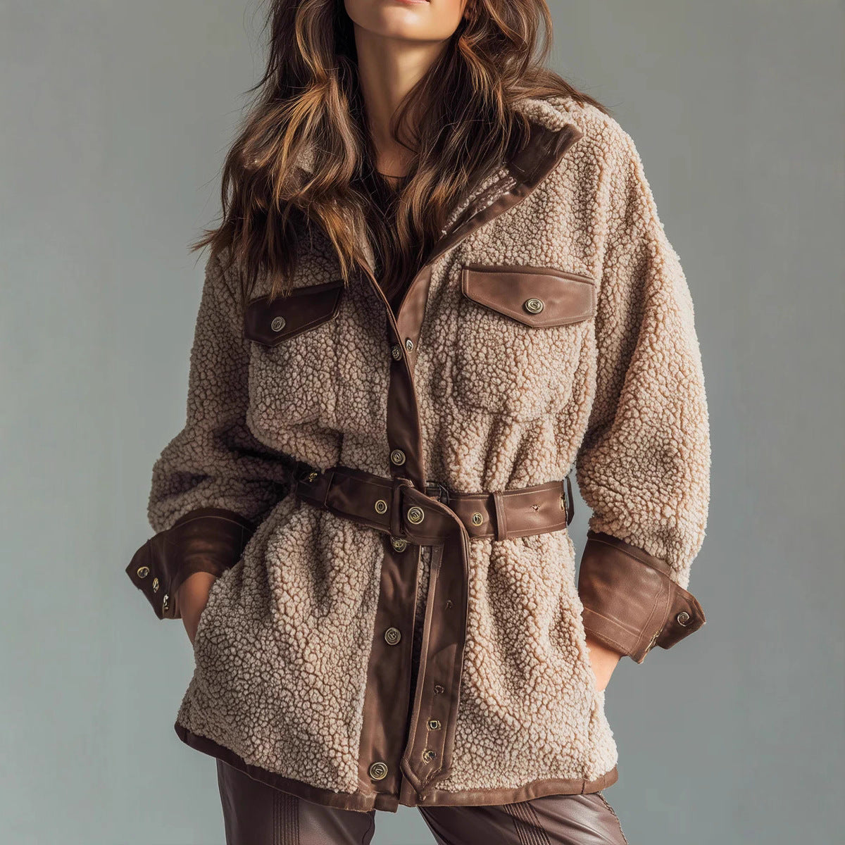 Lamb Wool Faux Leather Pocket Belt Retro Coat