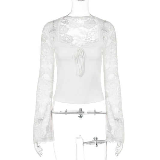 Women Clothing Autumn Winter Sexy Lace Stitching See through Lace up Long Sleeve Tops