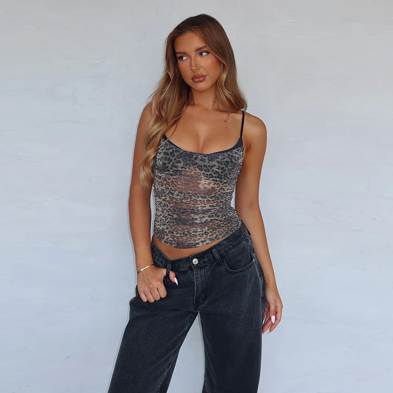Mesh Leopard Print Faux Two-Piece Spaghetti Strap Cami