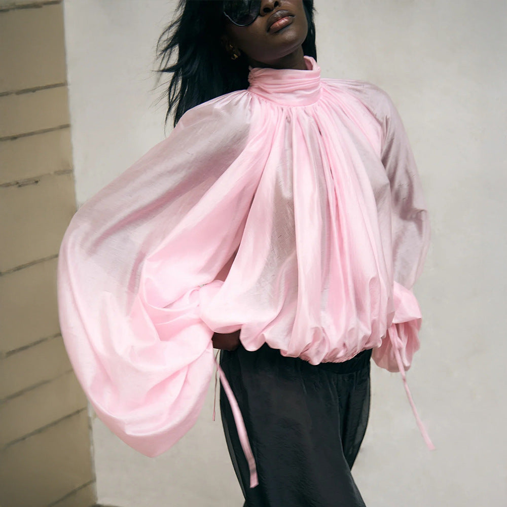 Semi-Transparent Lantern Sleeve Pleated Turtleneck Shirt
