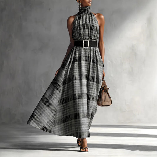 Plaid Halter High Waist A-Line Dress