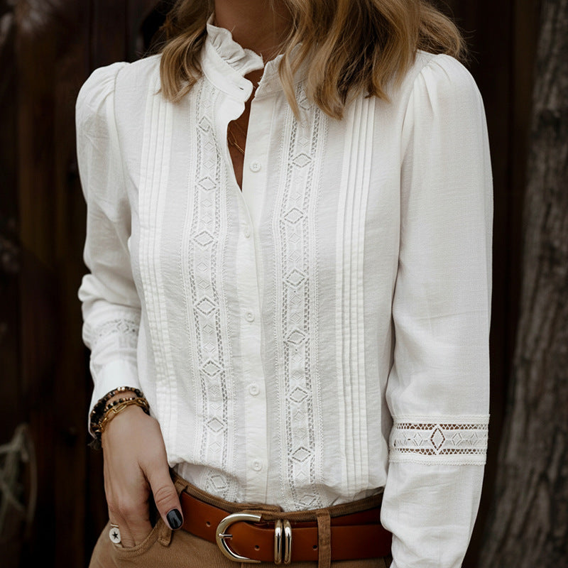 Lace Stand Collar Cutout Long Sleeve White Blouse
