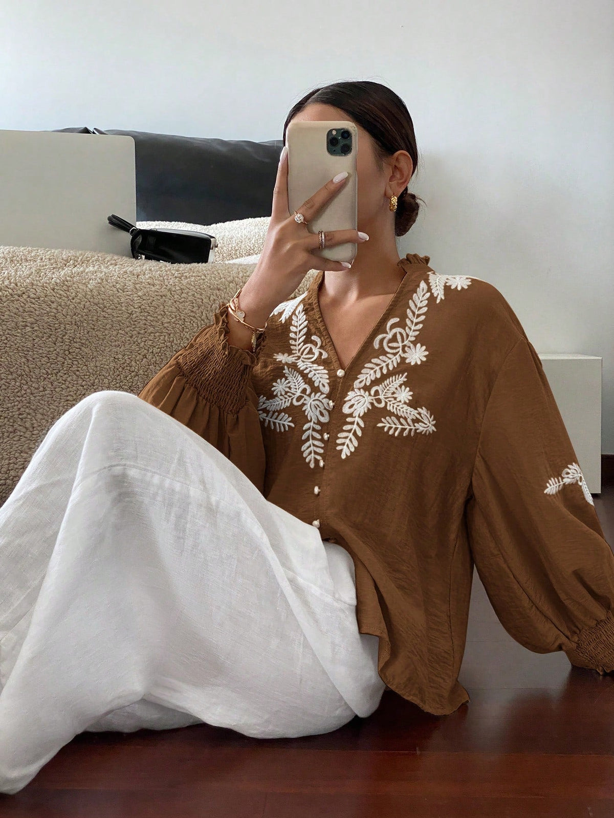 Pearl Button Embroidered Lantern Sleeve V-Neck Top