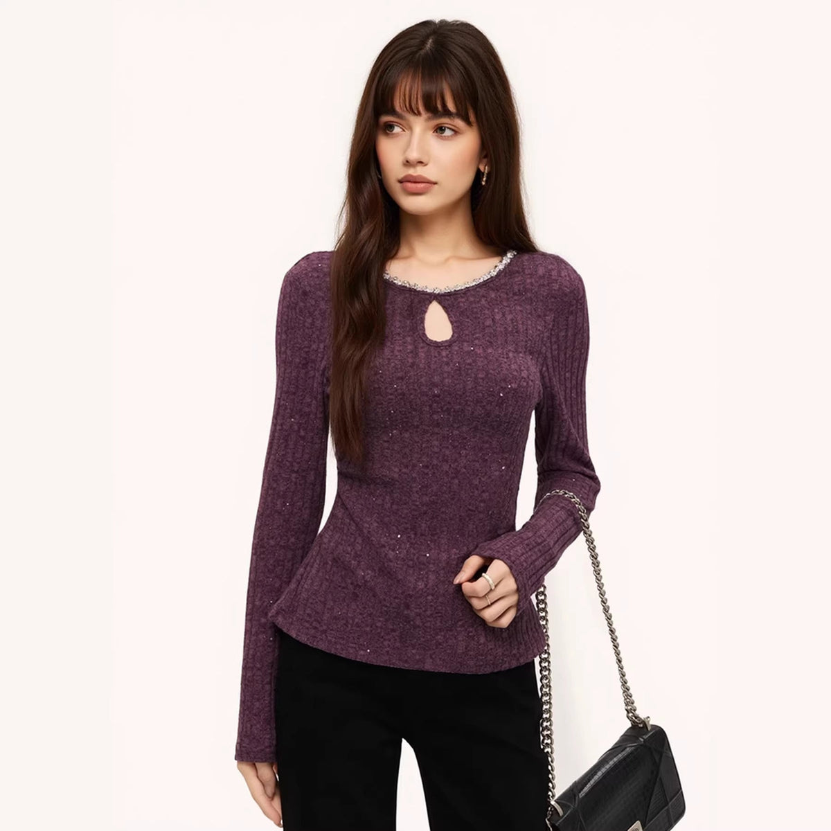 Rhinestone Slim Long Sleeve Top