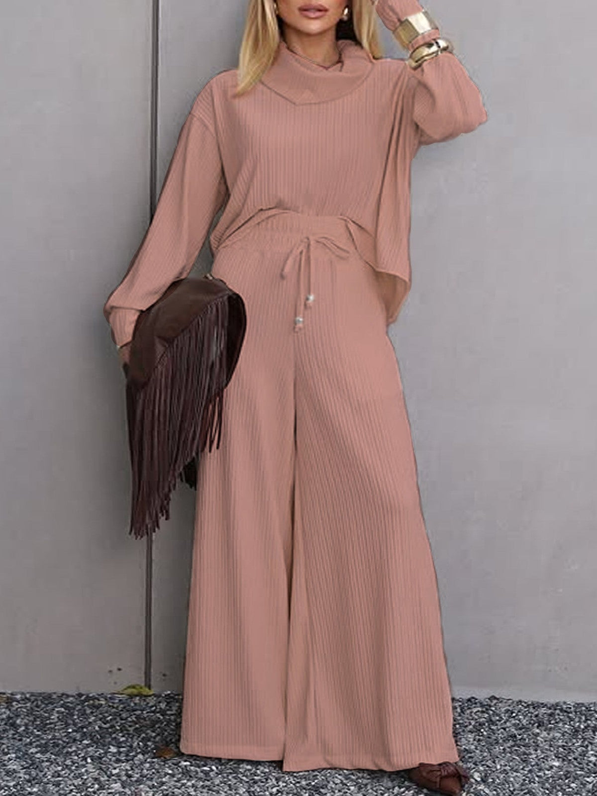 Polo Collar Turtleneck Wide Leg Two-Piece Casual Set