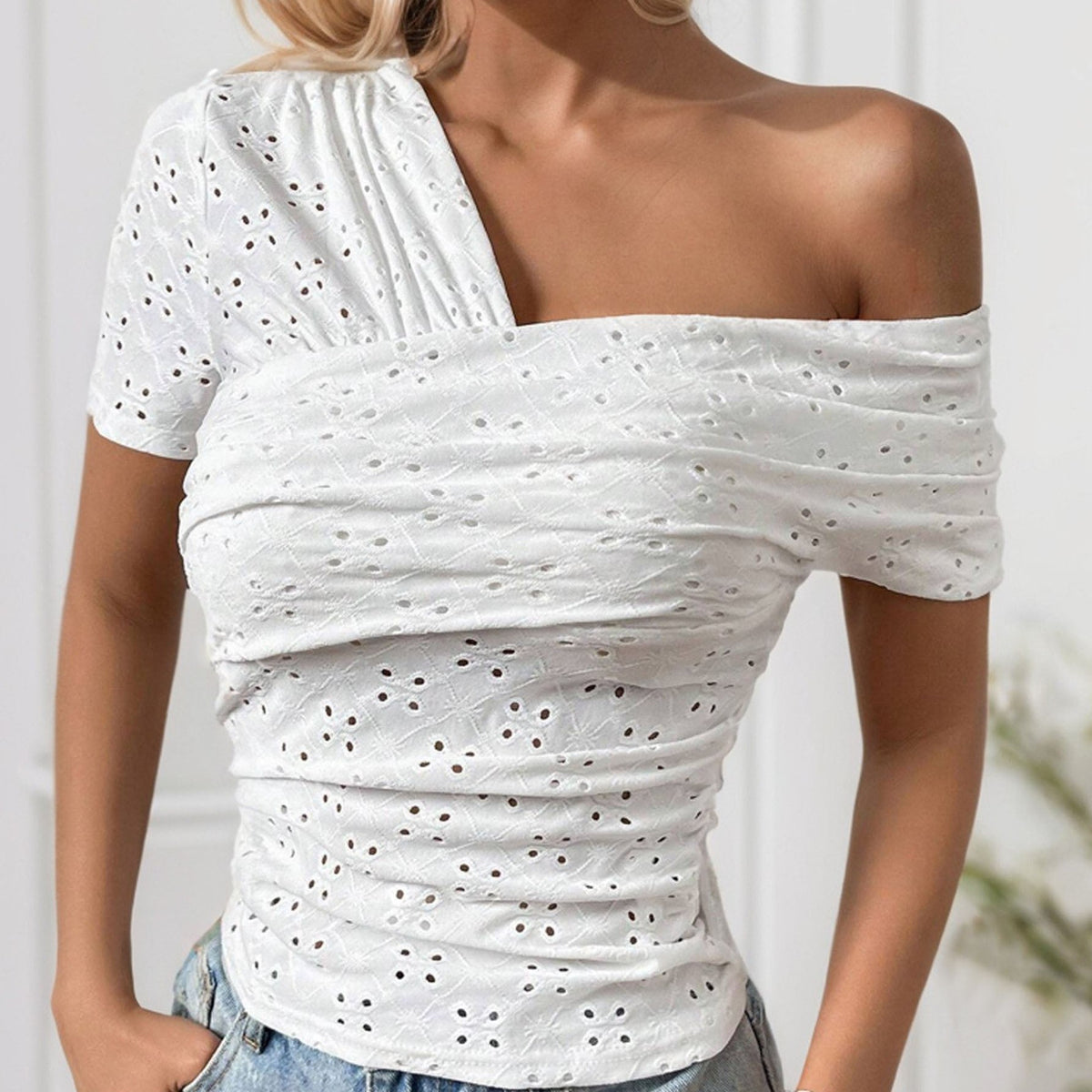Hollow Shoulder Polka Dot High Waist Slim Top