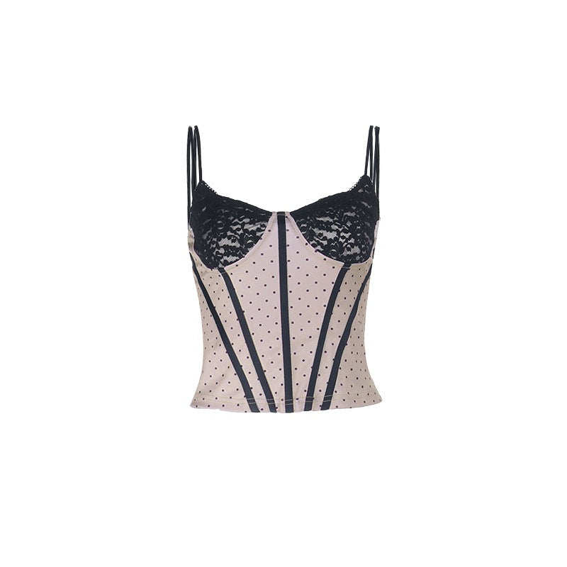 Polka Dot Lace Boning V-Neck Slim Cami Vest