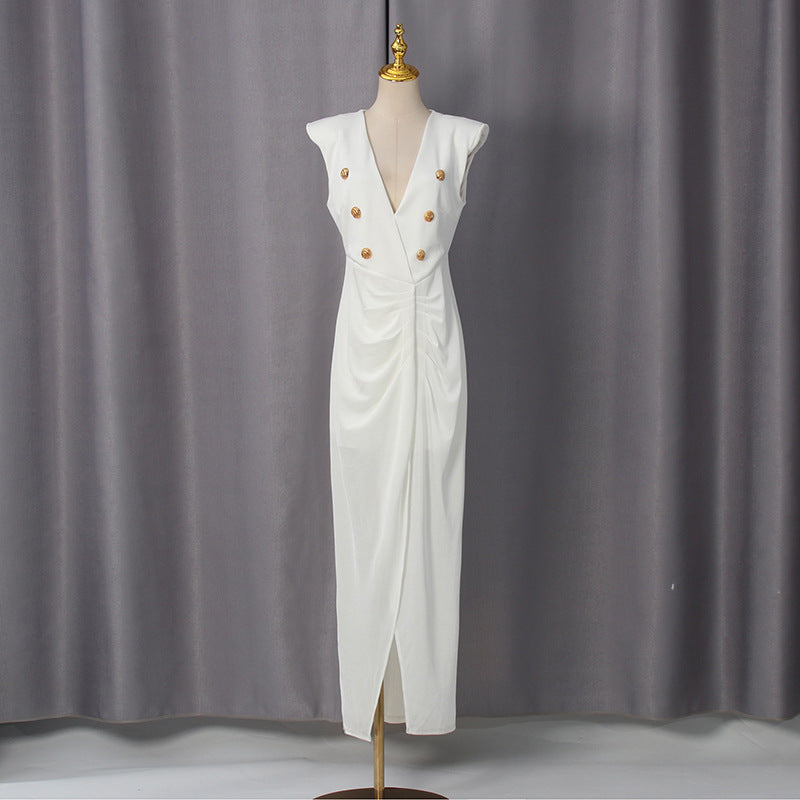 V-Neck Sleeveless Metal Accent Waist-Tight Split Dress