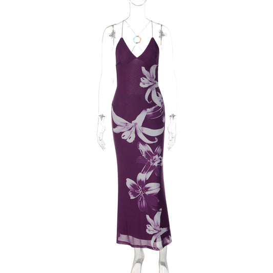 Floral Mesh Deep V Backless Maxi Dress