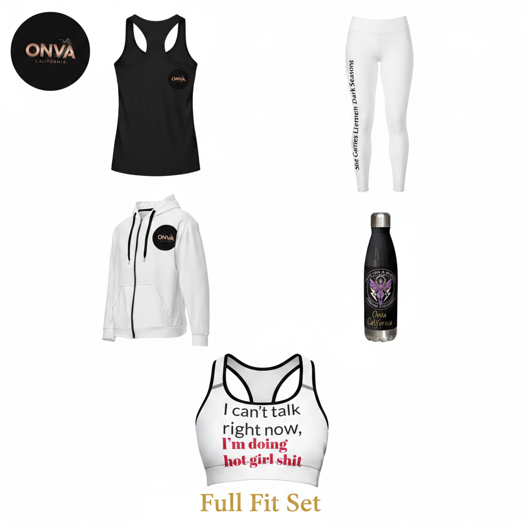 Full Fit Set — Onva California bundle showing tank, leggings, hoodie, sports bra and water bottle