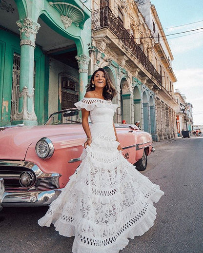Off-Shoulder Ruffle Hollow-Out Lace Maxi Dress