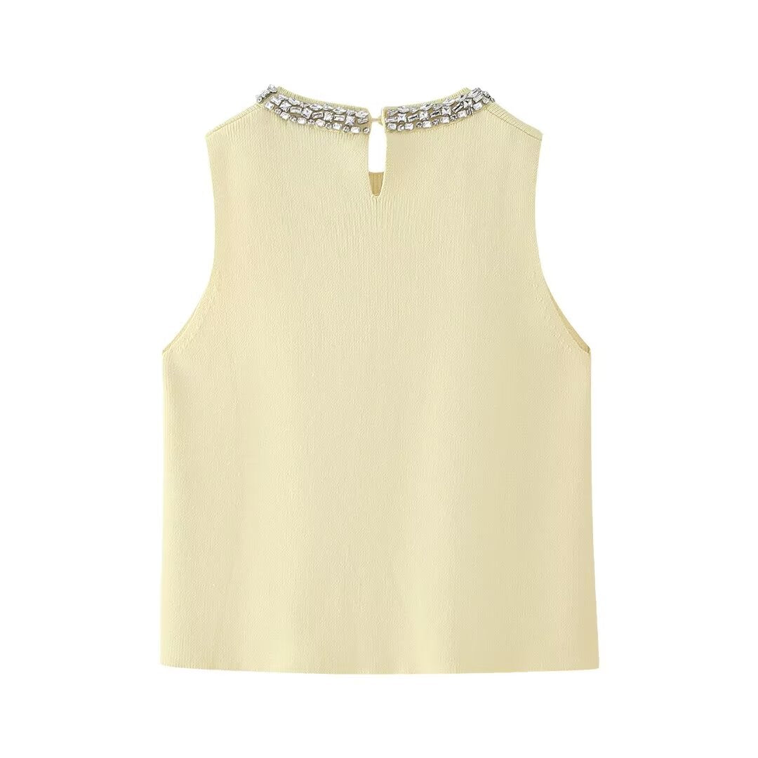 Jewelry Inlaid Plain Stitch Casual Top
