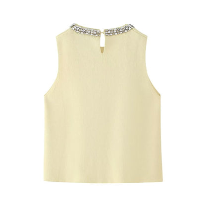 Jewelry Inlaid Plain Stitch Casual Top
