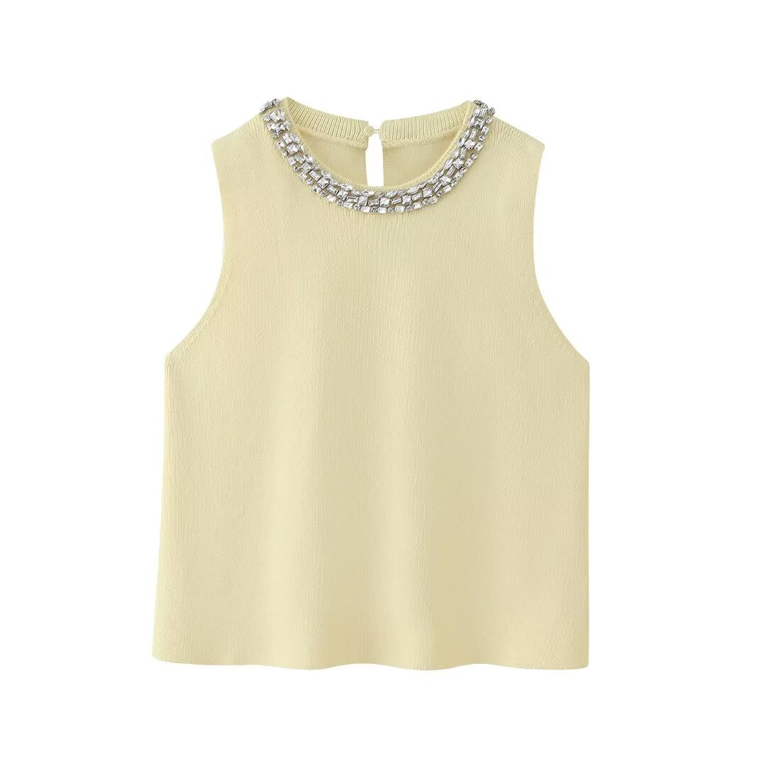 Jewelry Inlaid Plain Stitch Casual Top