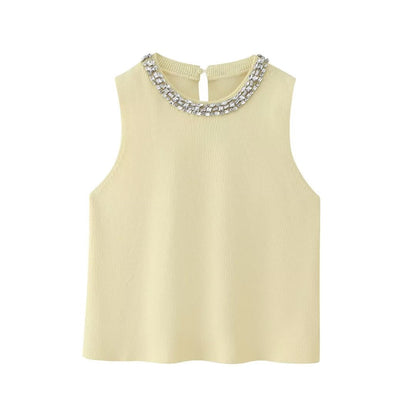 Jewelry Inlaid Plain Stitch Casual Top