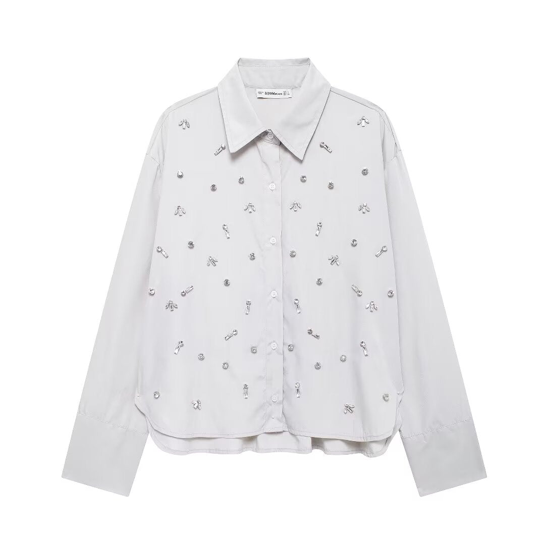 Rhinestone Button Office Top & Shorts Set