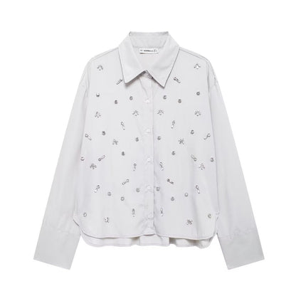 Rhinestone Button Office Top & Shorts Set