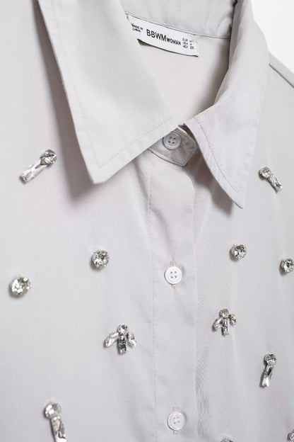Rhinestone Button Office Top & Shorts Set
