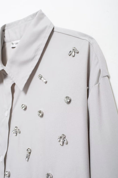 Rhinestone Button Office Top & Shorts Set