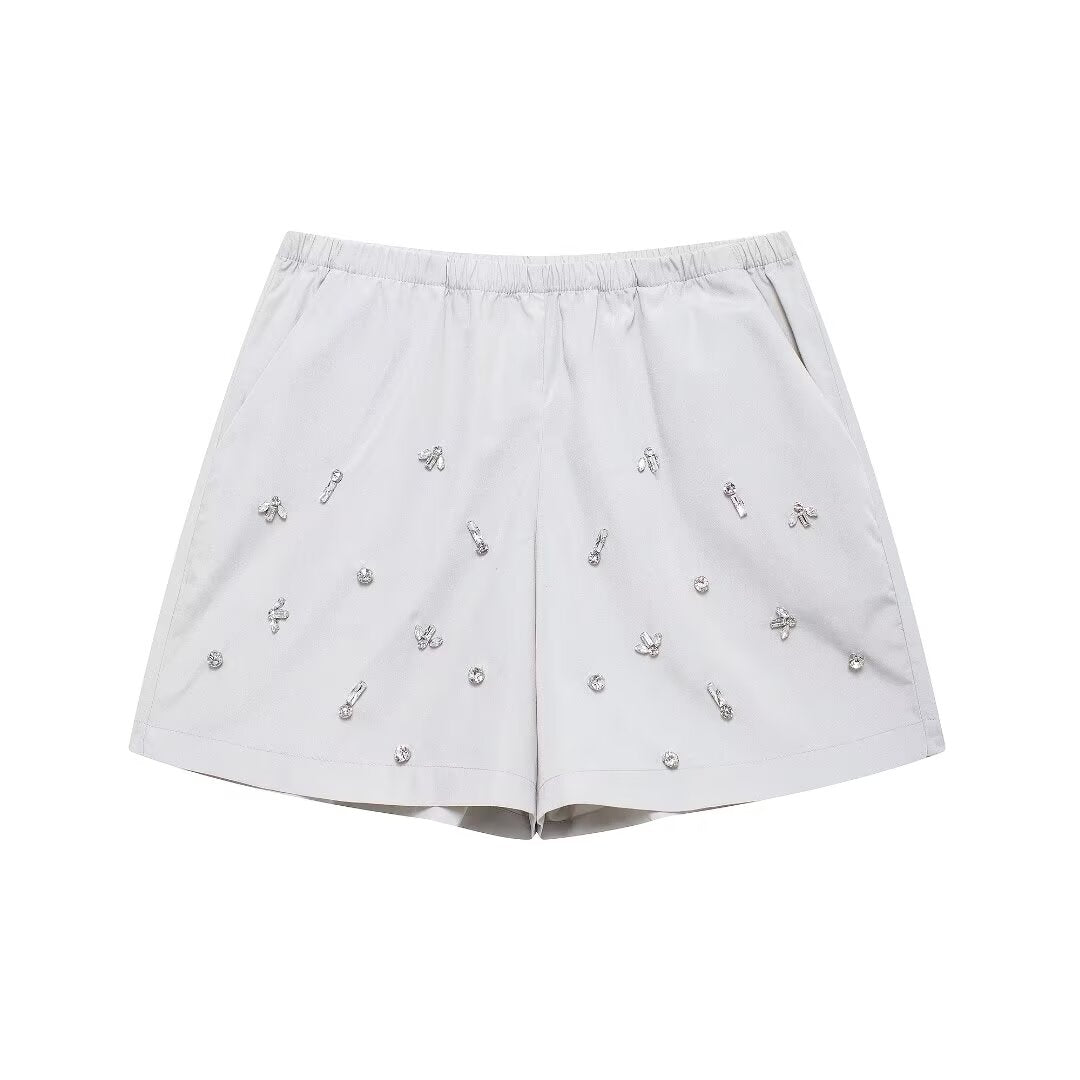 Rhinestone Button Office Top & Shorts Set