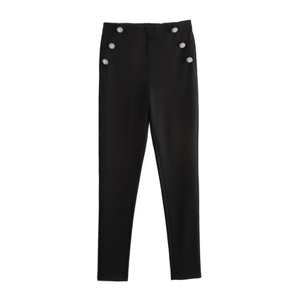 Autumn Women Clothing Jewelry Decorated Row Button Mid Waist Bottoming Trousers