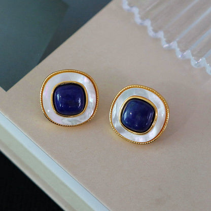 Square Natural Shell Turquoise Retro Stud Earrings