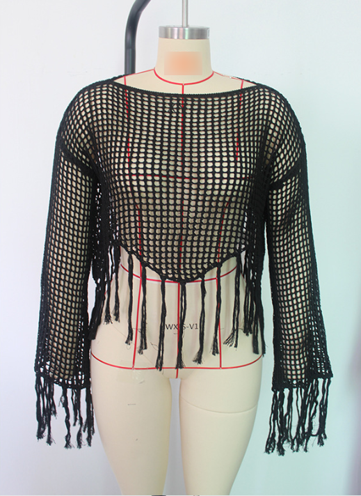 Hollow-Out Knit Beach Cover-Up Pullover