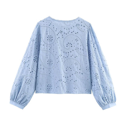 Hollow-Out Embroidered Long Sleeve Blouse
