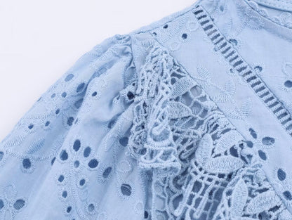 Hollow-Out Embroidered Long Sleeve Blouse