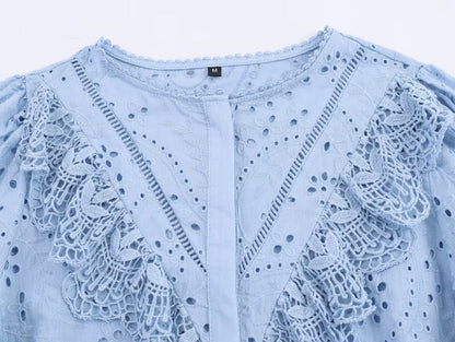 Hollow-Out Embroidered Long Sleeve Blouse