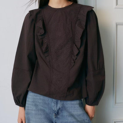 Solid Color Floral Embroidered Long Sleeve Shirt