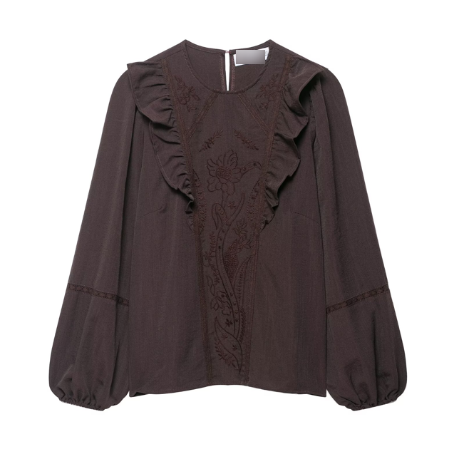 Solid Color Floral Embroidered Long Sleeve Shirt