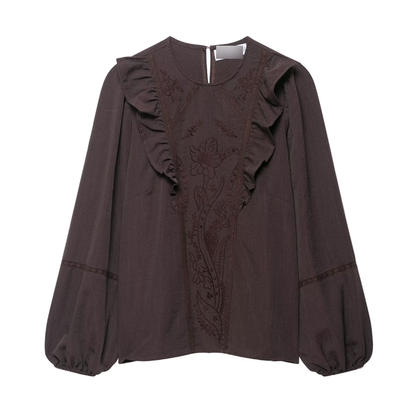 Solid Color Floral Embroidered Long Sleeve Shirt