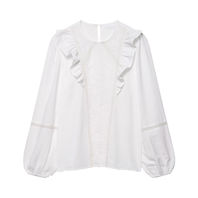 Solid Color Floral Embroidered Long Sleeve Shirt