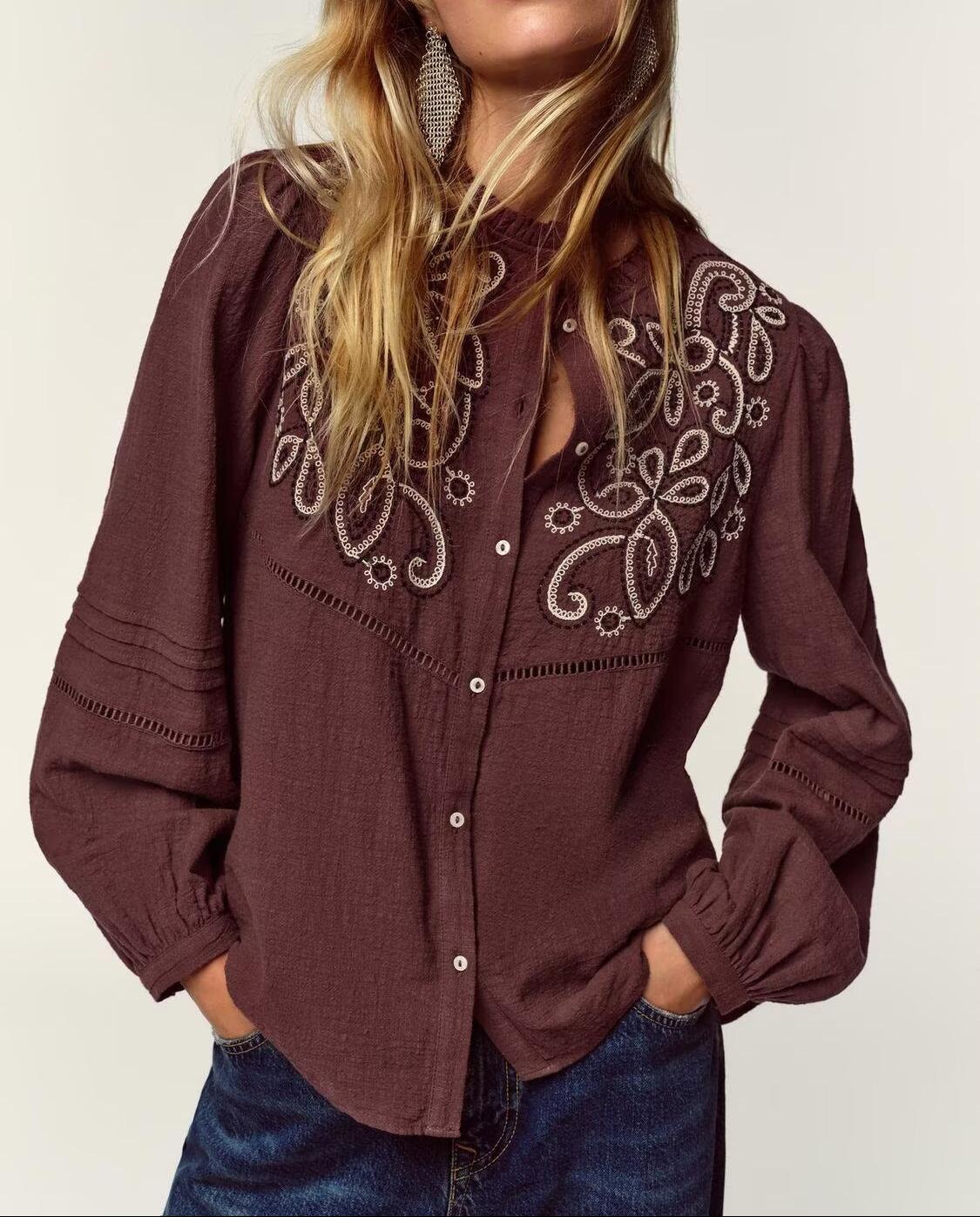 Chest Embroidered Casual Long Sleeve Shirt