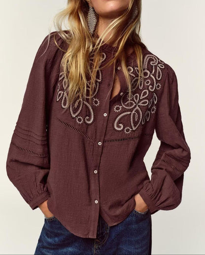 Chest Embroidered Casual Long Sleeve Shirt