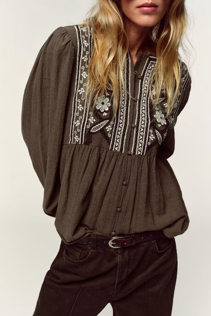 Ethnic Chest Embroidered Cotton Boho Blouse