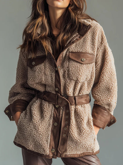 Lamb Wool Faux Leather Pocket Belt Retro Coat