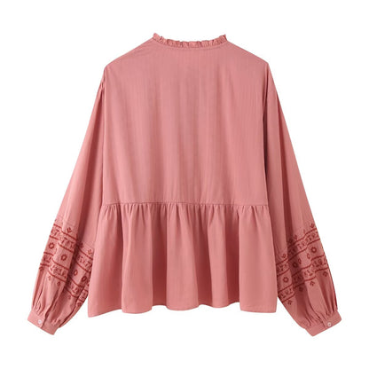 Contrast Color Embroidered Long Sleeve Shirt