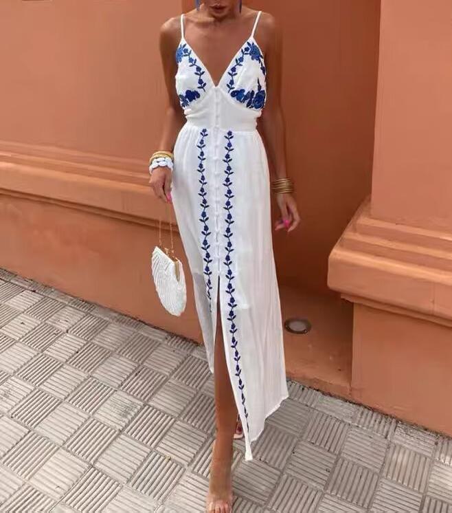 Embroidered Heavy Industry Vacation Maxi Vest Dress