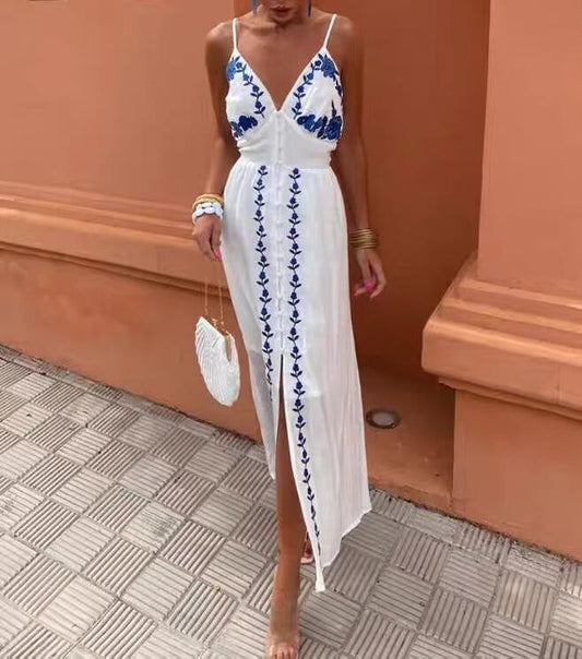 Embroidered Heavy Industry Vacation Maxi Vest Dress