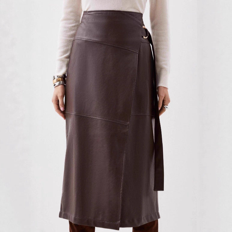 Faux Leather Asymmetric Slit Belt Adjustable A-Line Skirt