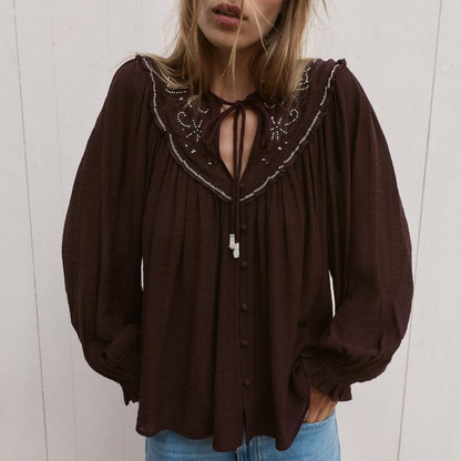 Beaded Embroidered Long Sleeve Casual Shirt