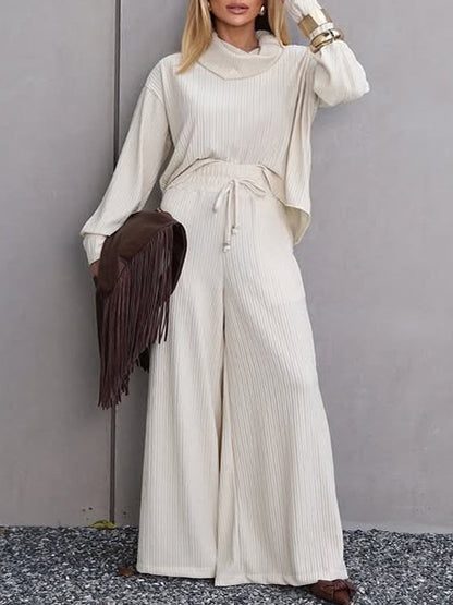 Polo Collar Turtleneck Wide Leg Two-Piece Casual Set