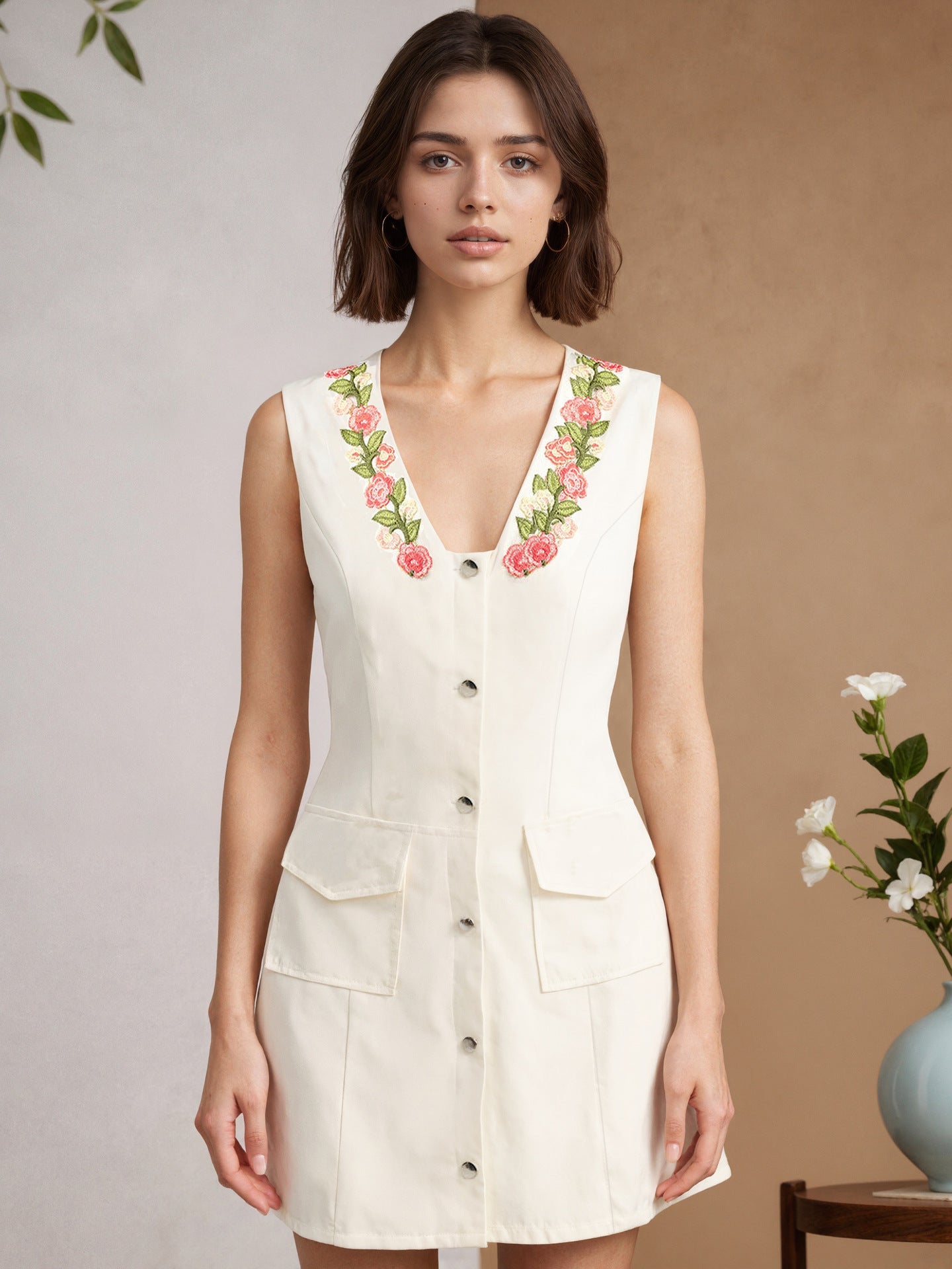 Gold Embroidered Sleeveless Waist-Tight Socialite Vest Dress